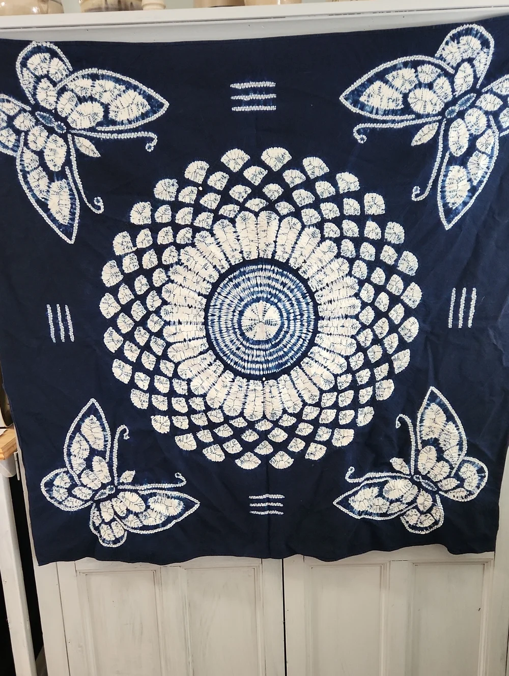 Shibori Tie Dyed Indigo Butterfly Mandala Wall Tapestry - Navy Blue and White